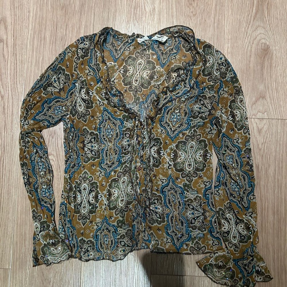 Y2K No Boundaries Sheer Paisley Blouse Women’s L 2000s Vintage Boho
